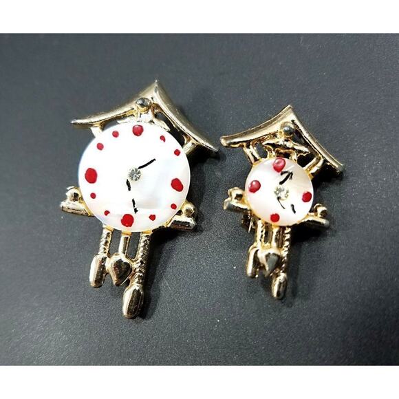 Vintage Cuckoo Clock Pins, Mother of Pearl Faces, 1950s Set of Two - Picture 2 of 10